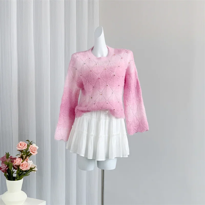 Winter Knitted Sweater Woman Gradient Y2k Vintage Design Harajuku Warm Sweater Female O-Neck Loose Pullover Korean Chic Outfits