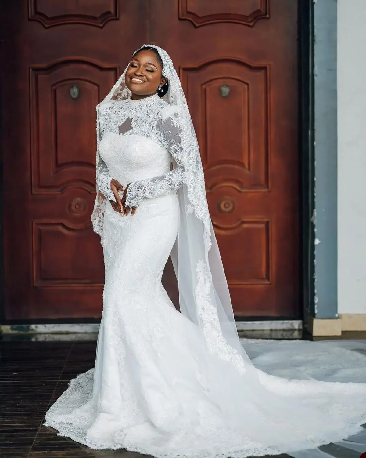 

Flavinke Customized Elegant Plus Size Muslim Mermaid Wedding Dresses 2025 Full Lace High Neck Long Sleeve Bridal Gowns