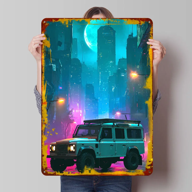 Cityscape With UK Car Rover Defender Tin Poster Customized Wall Art Retro Vintage Metal Signs for Fans Room Custom Plate House
