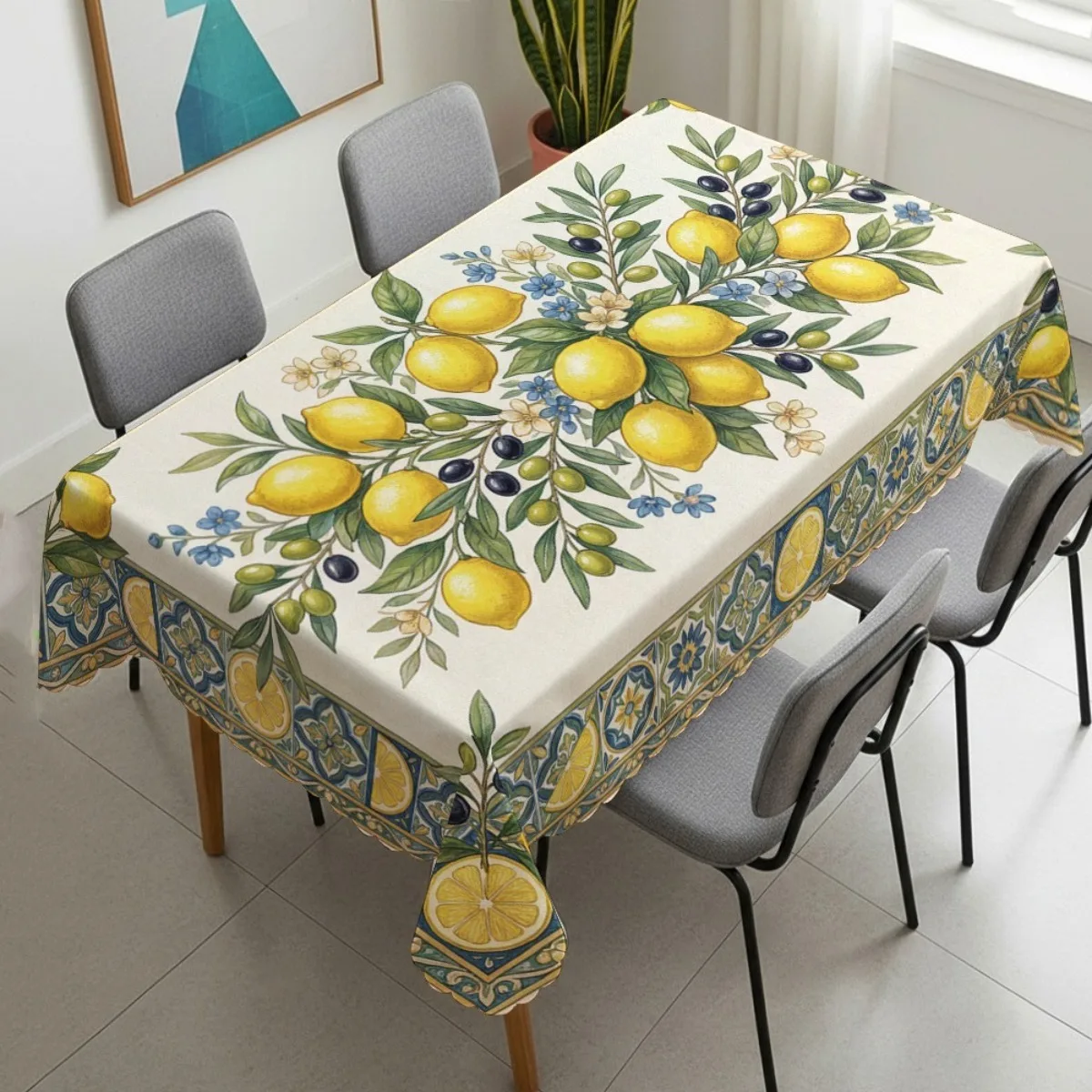Lemon olive flower Mediterranean tile pattern design tablecloth. Made of polyester.