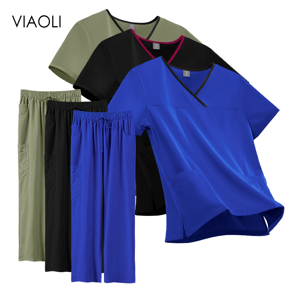 

Hospital Clinical Uniform Woman Nurse Doctor Scrub Sets V Neck Short Sleeves Workwear Elastic Soft Nursing Articles Spa Uniforms