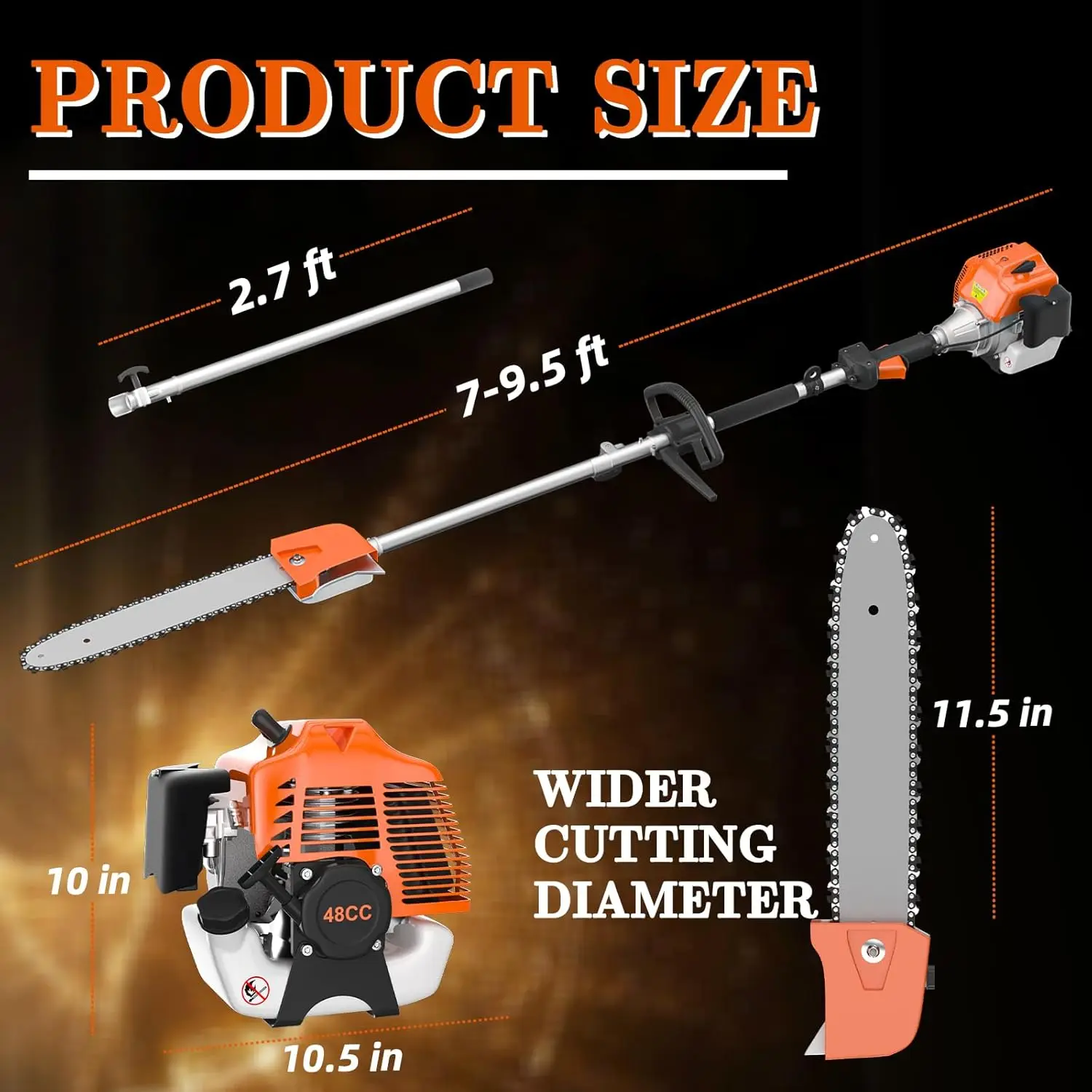 48Cc Gas Powered Pole Saws,2-Stroke Gas Pole Saws For Tree Trimming With11.5In Cutting Bar,16 Ft Extendable Pole Chainsaw Tree