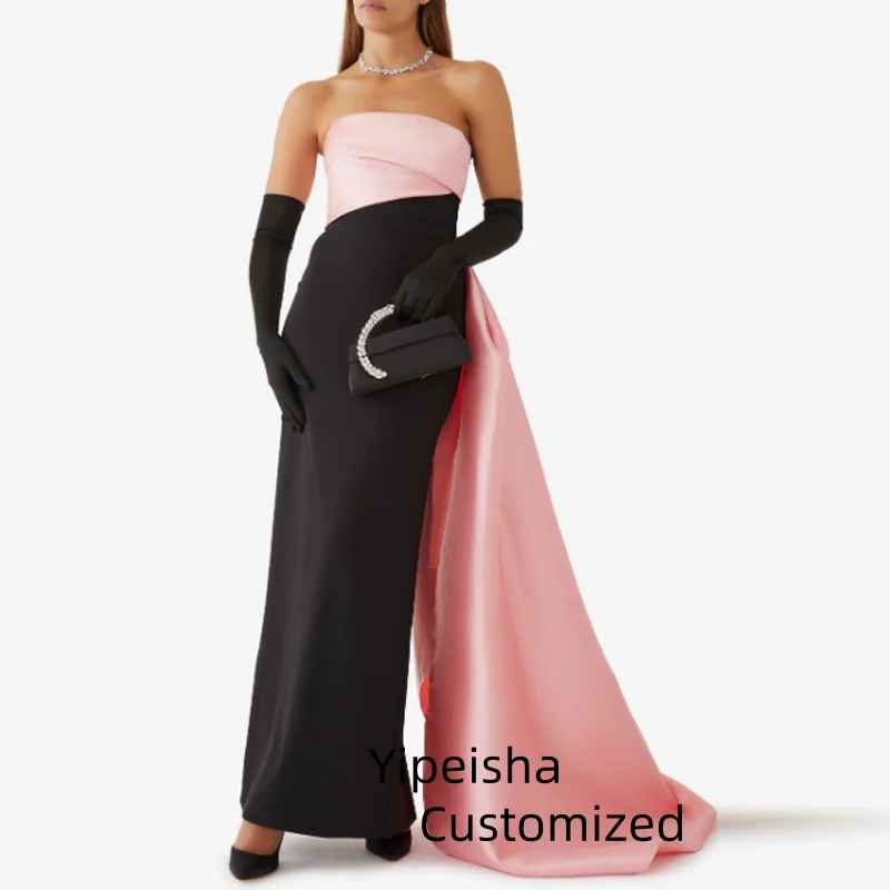

Customized Long Pleated Strapless Satin Evening Dress with Slit Mermaid Crepe فساتين السهرة Floor Length Prom Dress