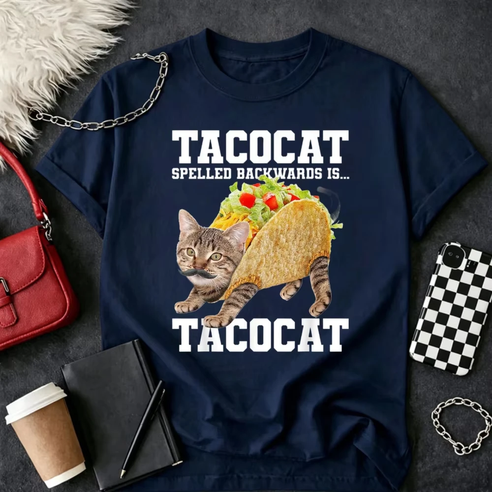 Taco Cat Spelled Backwards Is Tacocat Meme Silly Cat Lover T-Shirt Vintage Y2k Top Harajuku Kawaii Clothes High Quality Cotton