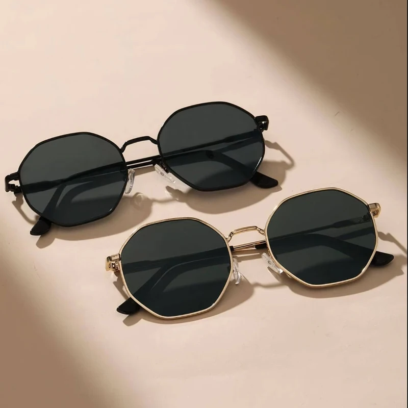 2 Pcs Metal Geometric&Round Frame Fashion Classical Sunglasses For Vacation Decors Photo Props 2246