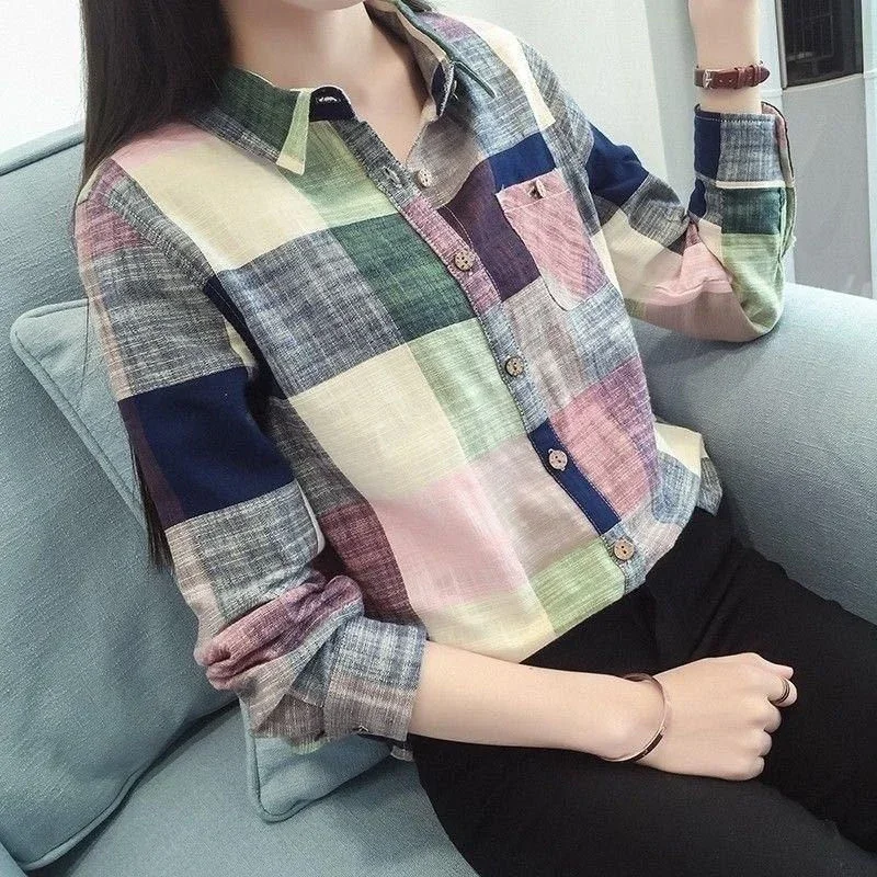 

Spring New Vintage Plaid Print Button Up Casual Shirts Ladies Polo-neck Elegant Top Women All-match Female Pullover Blouse
