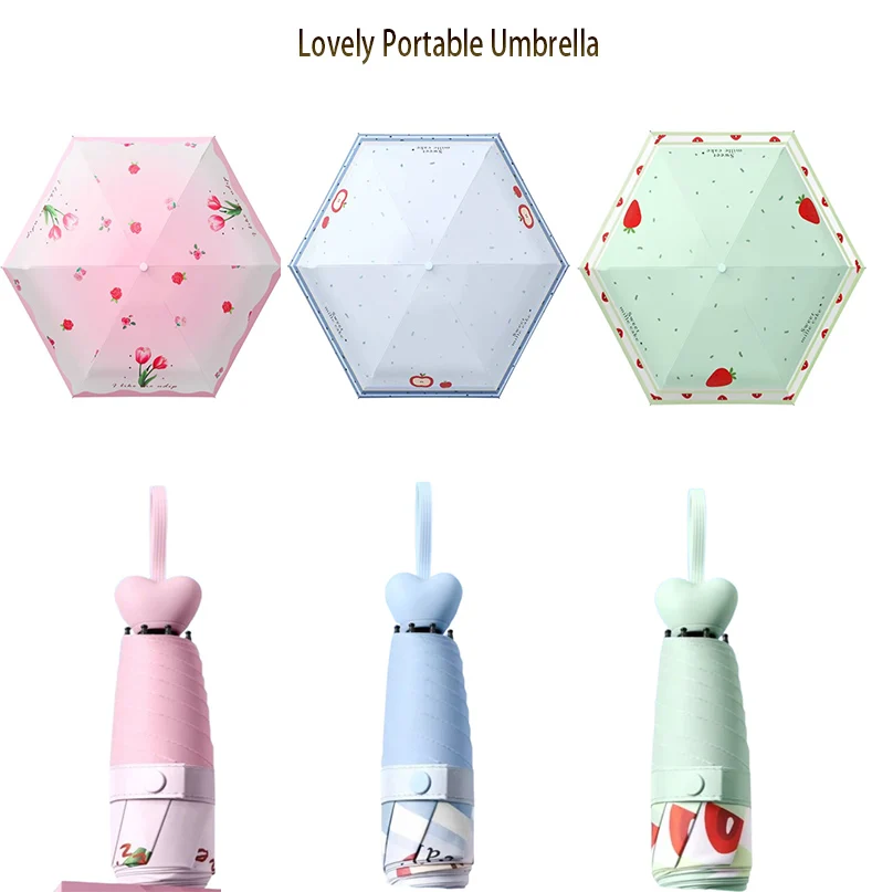 1PC Mini Manueller Herzgriff Winddichter Anti-UV-Regenschirm Modischer Taschen-Regenschirm für Damen