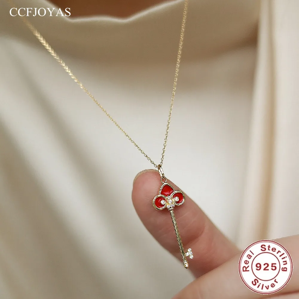 CCFJOYAS S925 Sterling Silver Red color Enamel Key Necklace 18k Gold Plated Women's Sweater Chain Light Luxury Niche Jewelry