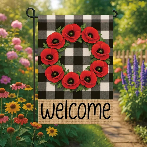 Buffalo Plaid Welcome Wreath Garden Flag Red Poppy Flower Flag 12x18 Double Side PPZ