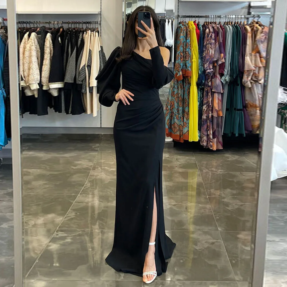 

Black Satin Mermaid Evening Dresses Floor Length Side Split One Shoulder Occasion Gowns Simple Zipper Back New 2023 فستان سهرة