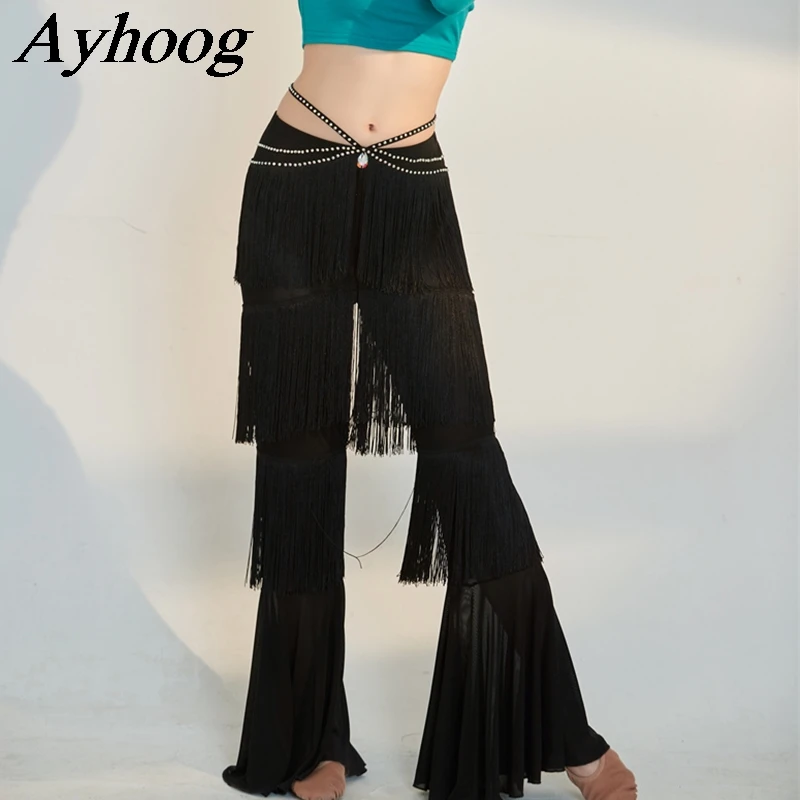 2024 Belly Dance Tassel Flared Pants Women Belly Dance Practice Trousers Professional Oriental Dance Performance Pant for Girl