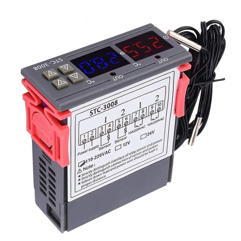 Dual Digital STC-3008 Temperature Controller Two Relay Output Thermostat Heater With Probe Temperature Controller 24V