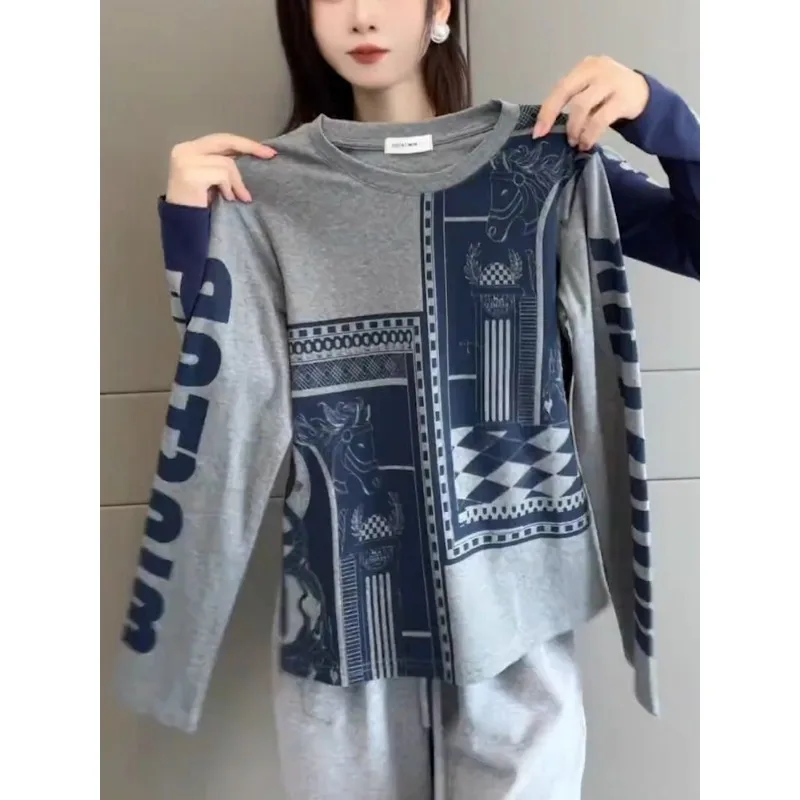 Printed Right Shoulder Round Neck Long Sleeve T-shirt for Women Autumn and Winter Versatile Bottoming Shirt Top