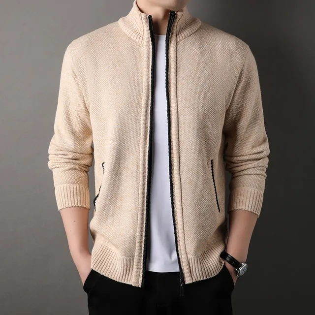 Męski sweter z dzianiny ze stójką Jesień Zima Nowy kardigan Topy Koreański Slim Solid Color Sweter Kurtka