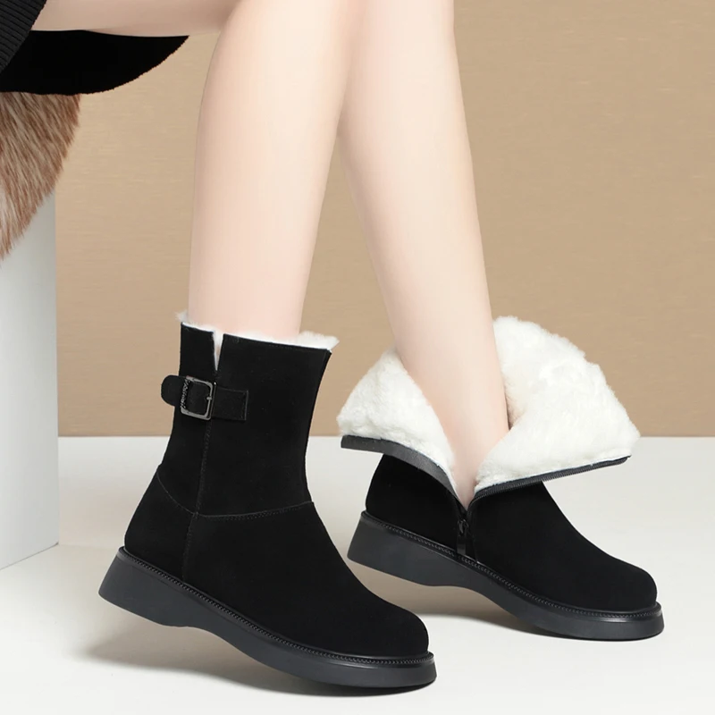 AIYUQI Snow Boots Women Winter New 2024 New Suede Genuine Leather Women\'s Short Boots Wedge Heel Non-Slip Women Ankle Boots