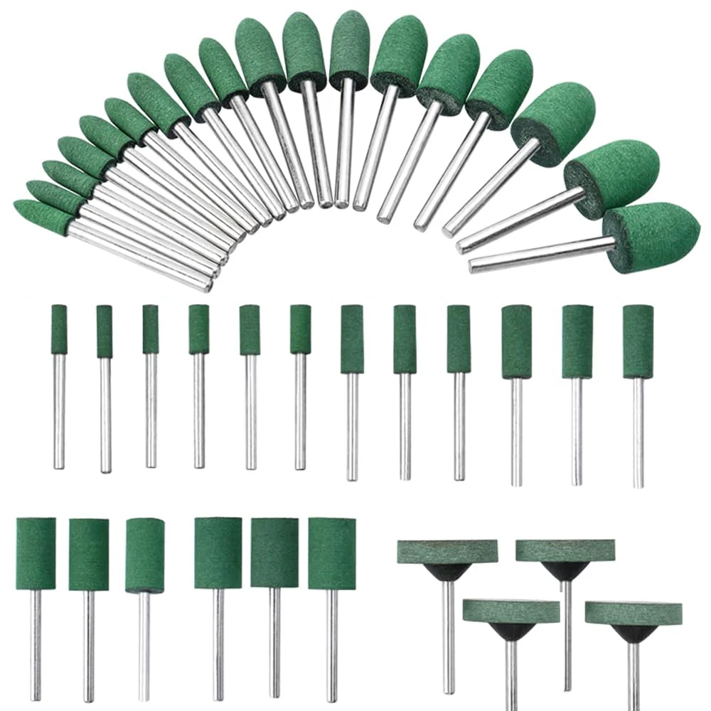 40 Pcs Rubber Polishing Drill Buffer Polish Tips Rotary Tool Accessories Bullet Cylinder T Shape Rubber Wheel Bit 3 mm Mandrel