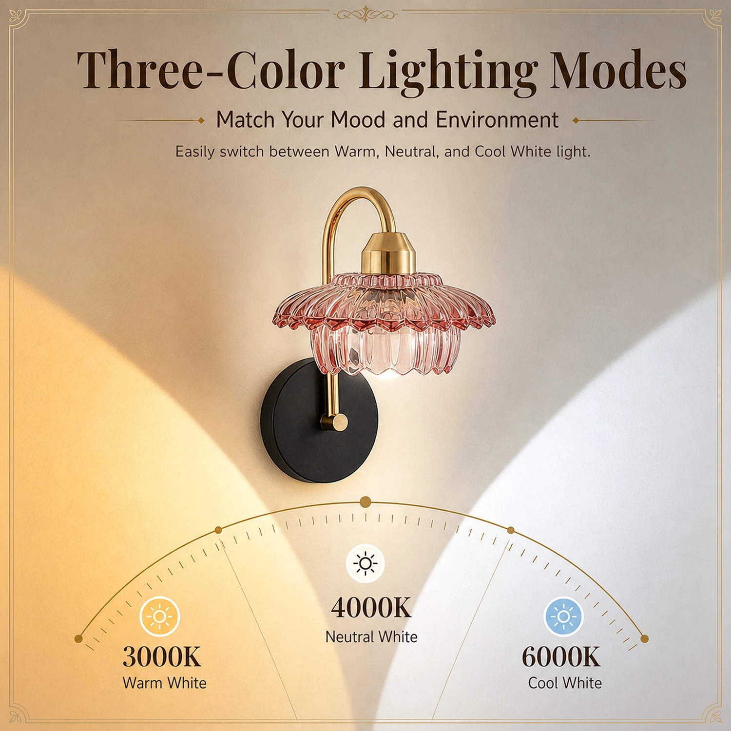 Blush Pink Glass Wall Sconce Plug In Wall Lamp with 3 Color Modes Bedside Wall Light for Bedroom Living Room Hallway Stairway
