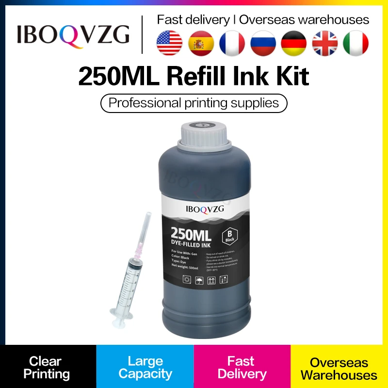 250ml Black Universal Dye Ink Bottle For Epson L100 L200 L392 L395 CX3900 CX4300 CX7300 CX8300 TX117TX119 S22 WF2510 Printer Ink