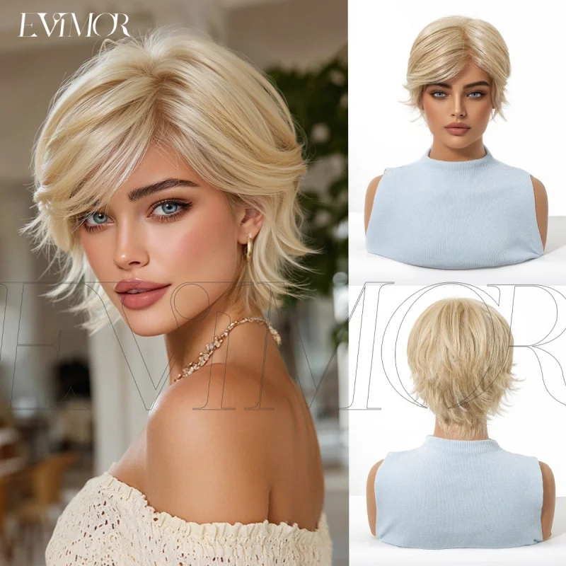 Imported silk , natural and realistic, breathable, golden ultra-short hair wig for women, full head cover wigs