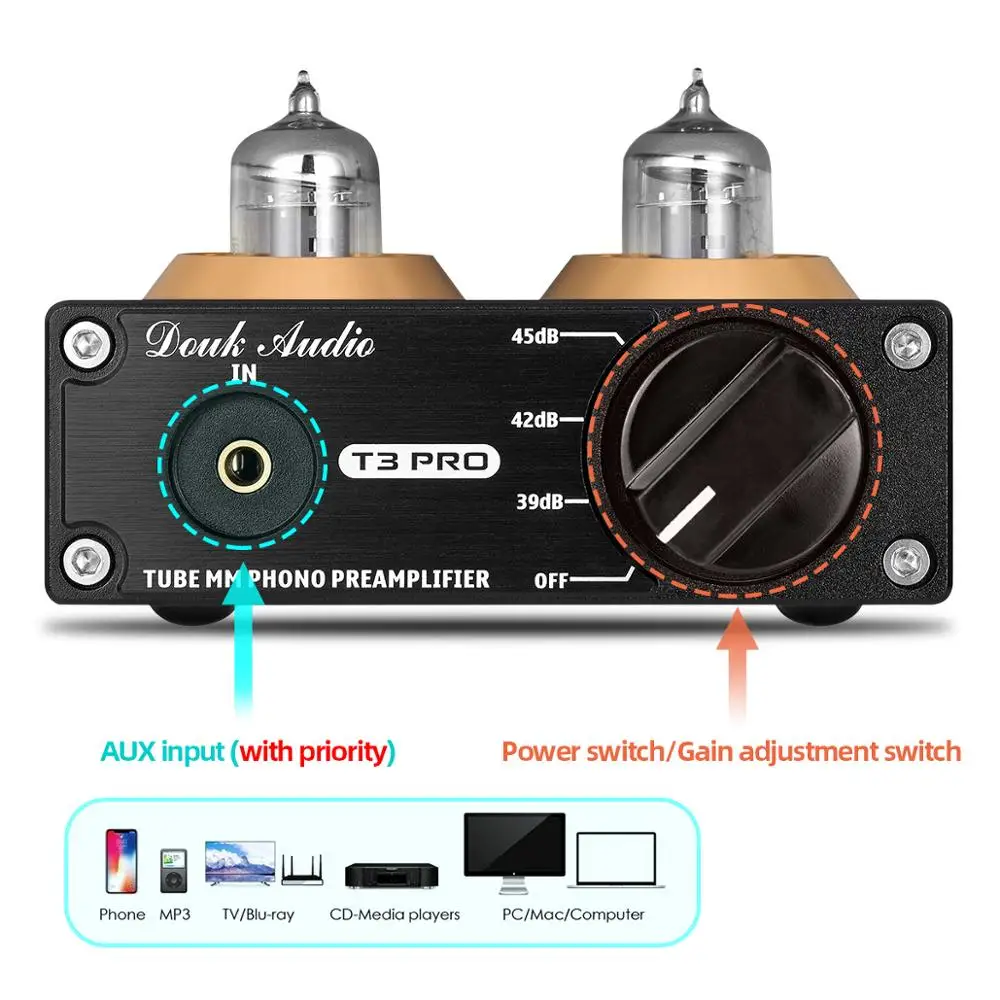 Douk Audio T3 PRO Mini MM RIAA Phono Turntable Preamp Line Level Amp HiFi Stereo RCA Valve Tube Desktop Preamplifier