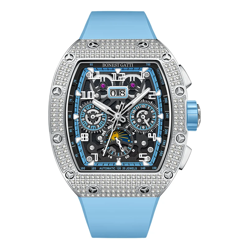 BONEST GATTI-Montre-Bracelet Mécanique pour Homme, existent, Tonneau, Saphir, Shoous, Fluorubber, Bracelet, Mois, Semaine, Date, 44x52mm