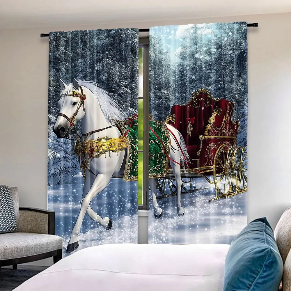 

2Pcs Christmas Curtains Vintage Sleigh White Horse In Forest Holiday Party Winter Suitable For Bedroom Living Room Dining Room