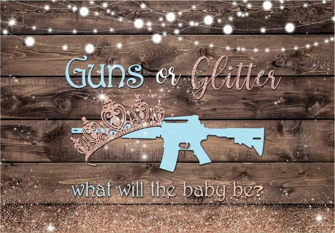 Guns Glitter Gender Reveal Backdrop Brown Wood Photography Background He or She Boy or Girl Baby Shower Party Banner Decoration