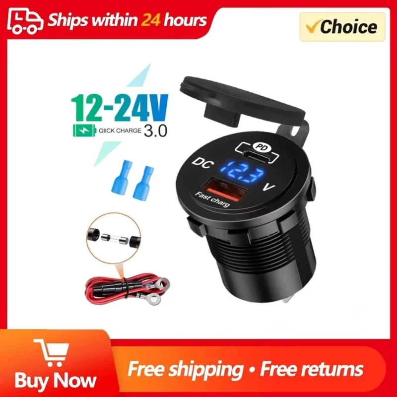 1 Conjunto de Carregador Veicular 60W PD QC3.0 com Medidor de Voltagem e Tomada de Carregamento Rápido 3.0 para Moto, Caminhão e Barco 12V/24V