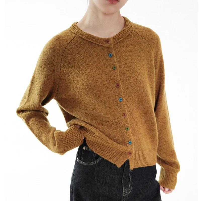 Birdtree, Kardigan Rajut 100% Wol Domba, Sweater Wanita Retro Kerah O Lengan Panjang, Atasan Musim Gugur Musim Dingin 2025, Beige, Kuning T5O816JF