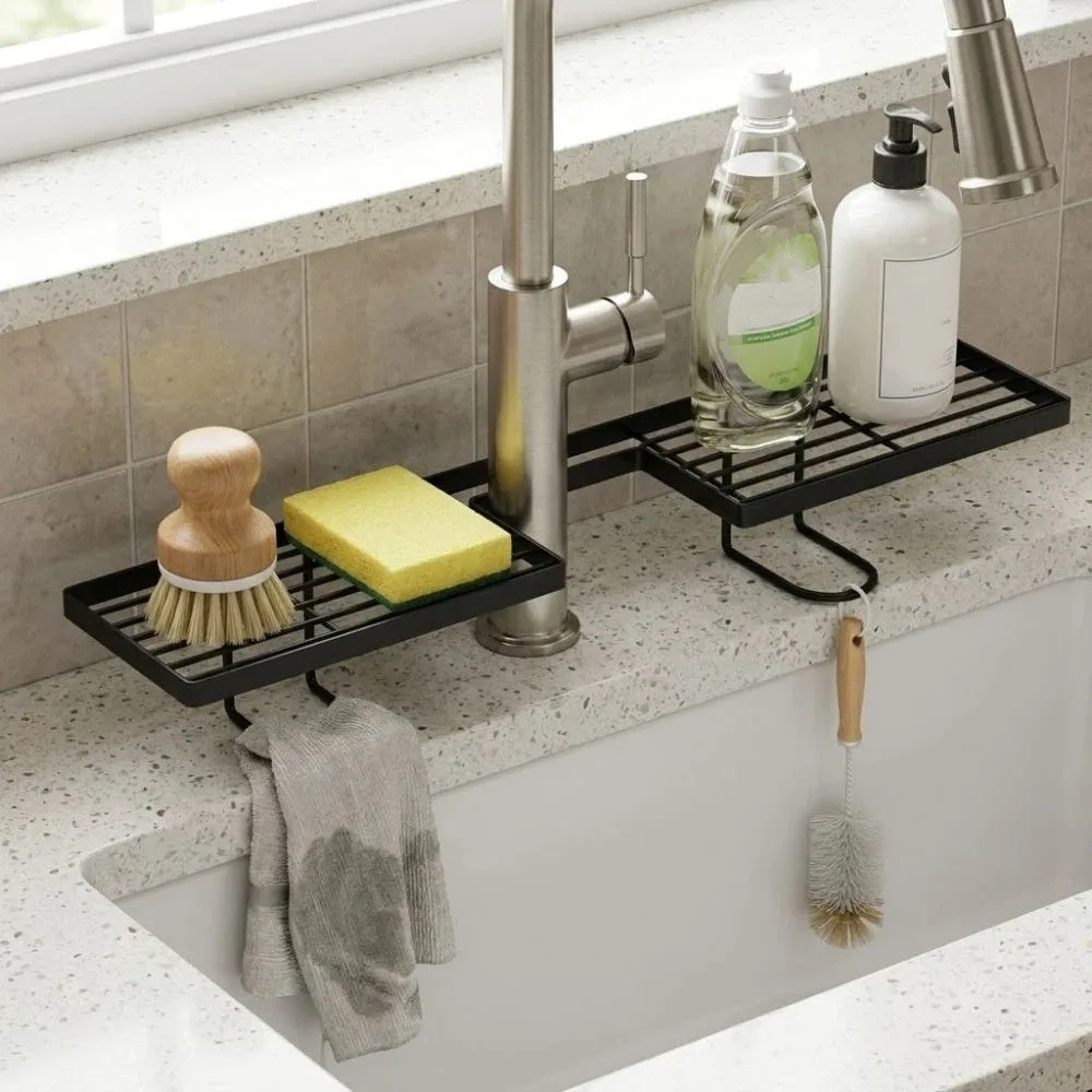 

Water Drainage Bathroom Storage Rack Carbon Steel Mesh Design Faucet Storage Shelf Stable Integrated Sink Drying Rack Kitchen