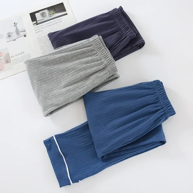 Pijama de algodón de otoño para hombre, Pijama cálido, ropa de dormir holgada, pantalones largos informales y de invierno para el hogar