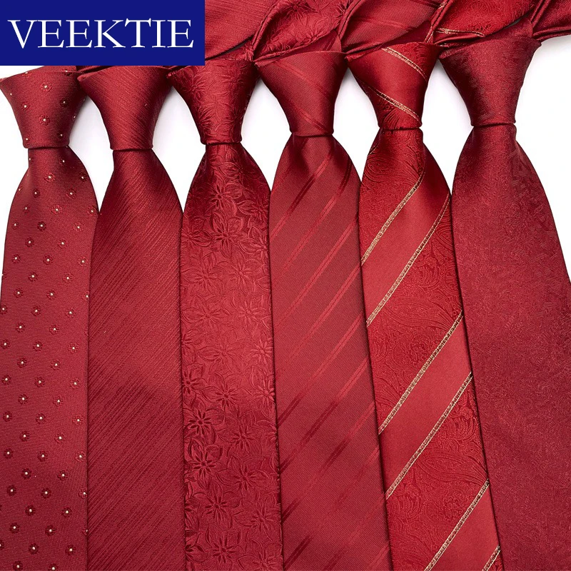 VEEKTIE Brand Calssic Red Neckties Men Wedding Groomsmen Festival Print Multiple Color Floral Striped Formal Business Suits Host