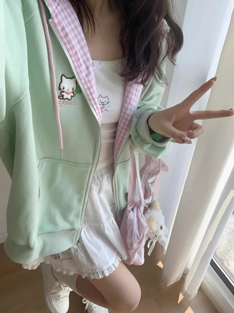 HOUZHOU Kawaii Lace Patchwork Plaid Women Hoodies Sweet Cat Embroidery Japanese Fashion Zipper Hooded Sweatshirt Pocket Loose