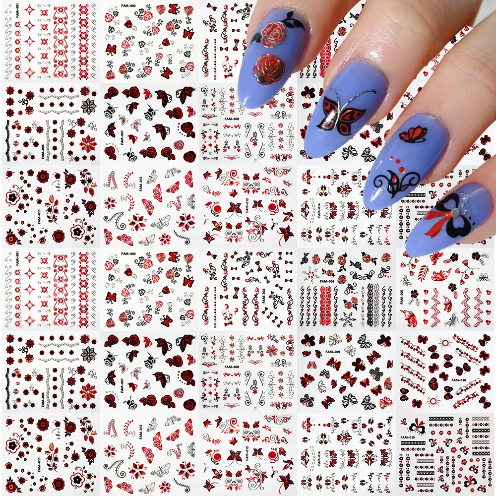 30pcs Black Red Rose Butterfly Nail Art Stickers 3D Retro Holographic Glitter Nail Decals Charms Adhesive Girls Manicure Sliders