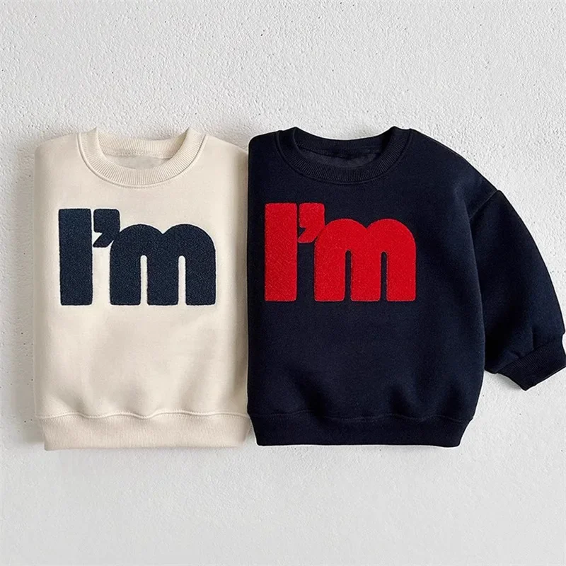 

Boys Velvet Round Neck Hoodies Children Autumn and Winter Clothing Girls Thick Letter Printed Versatile Casual Warm Top