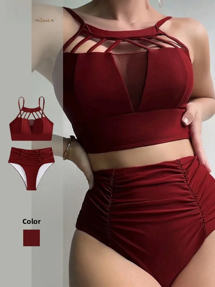

Сексуальный купальник-бикини с вырезами, большие размеры, для полных женщин, винно-красный, с высокой талией, эффект похудения, треугольный дизайн