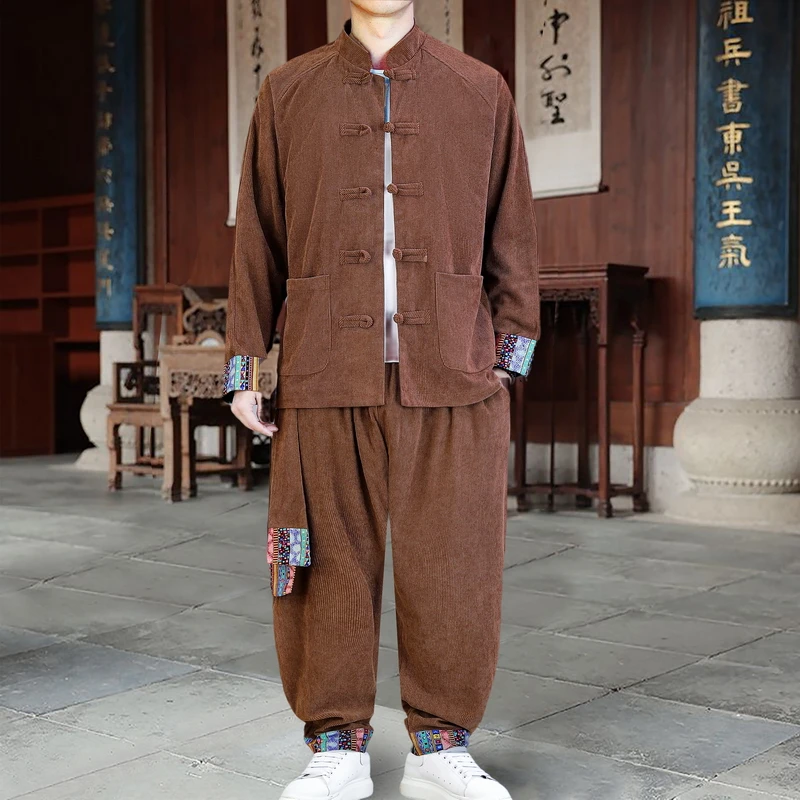 Corduroy Suit Set for Men Chinese Style Jacket with Frog Buttons & Elastic Waist Pants, Autumn Winter Two-Piece Outfit M-XXXXXL