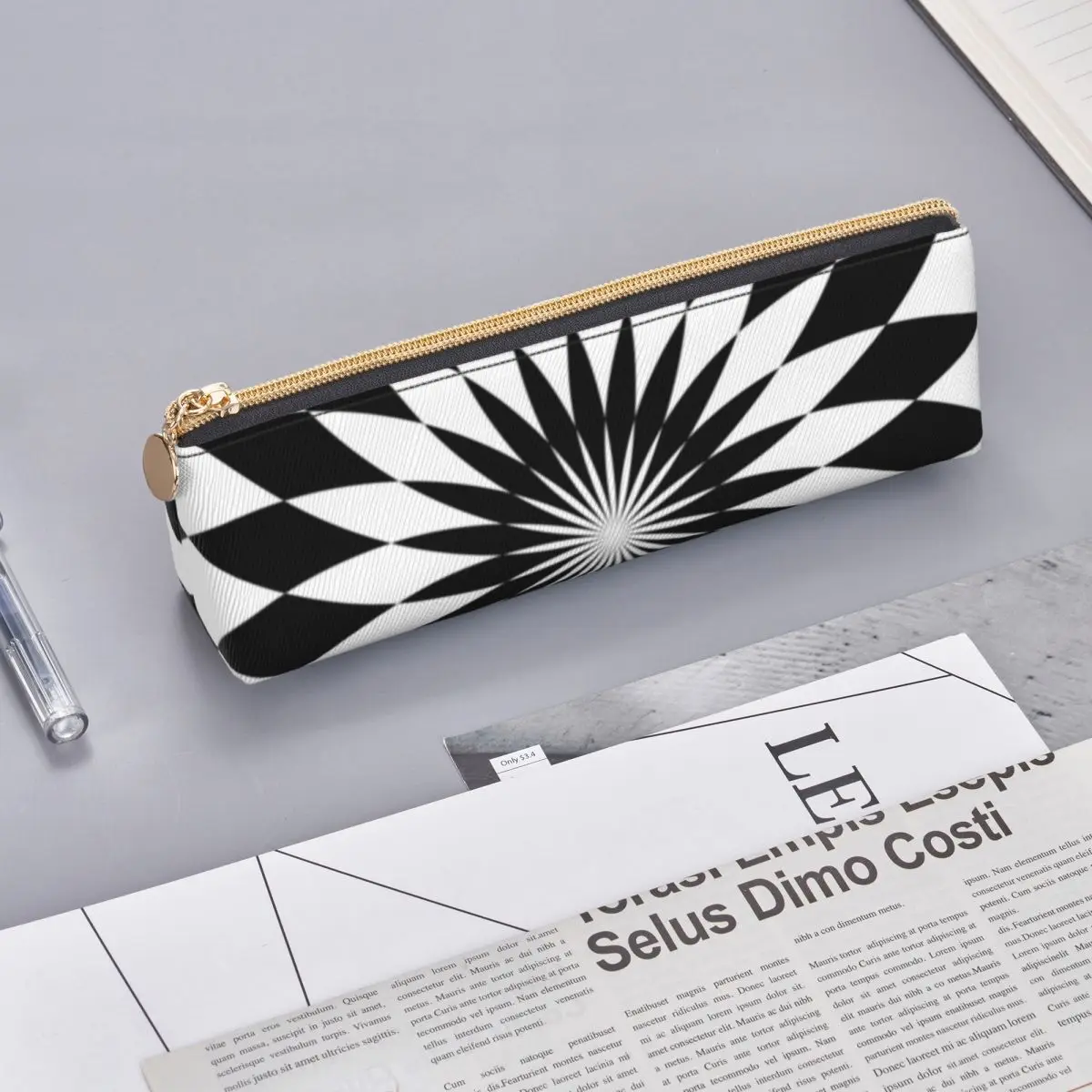 Checked Mandala Leather Pencil Case Black White Mandalas Flower College Pencil Box Cute Large Capacity Triangle Pen Organizer