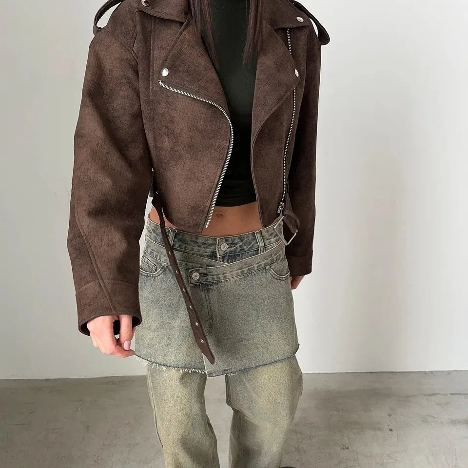   autunno e inverno nuove donne abbigliamento retrò risvolto allentato manica lunga decorazione con cerniera con cintura giacca a vita alta