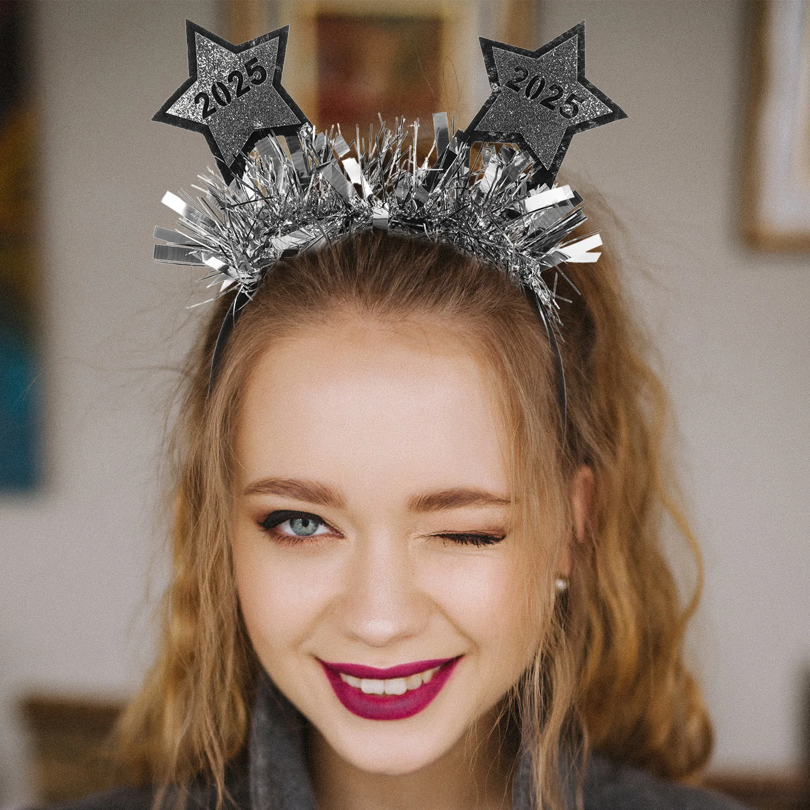 

Happy New Year Headband 2025 Star Glitter Headdress New Year Party Hair Accessory Holiday Party Favor Glitter Headband