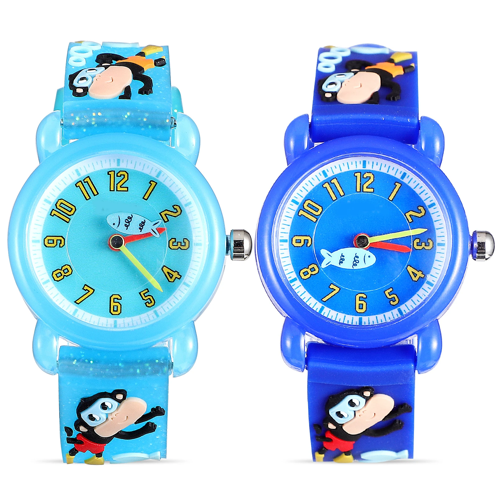 2 pcs Kids Cartoon Toddler Watches Marine Theme Arabic Numbers Big Dial Comfortable Strap Adjustable Buckle Time Teaching Gifts