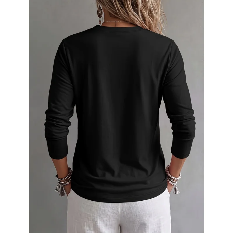 Women's Solid Color Print  VNeck T-Shirt, Loose Casual Fall And Winter Long Sleeve Tops for Women, Basic Tees, Women's Fashion