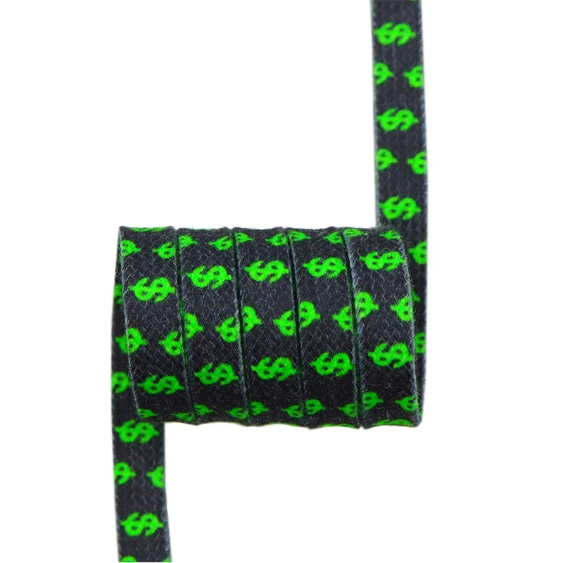 Coolstring 8MM Flat Canvas Polyester Cotton Laces Black-Green Dollar Heat Transfer Printing Pattern Top Ropes Men Sneaker Cords