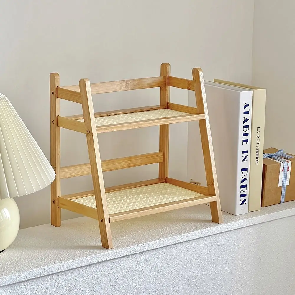 New 2-Tiers Wooden Storage Shelf Multifunctional Trapezoidal Display Stand Stationery Rack Office