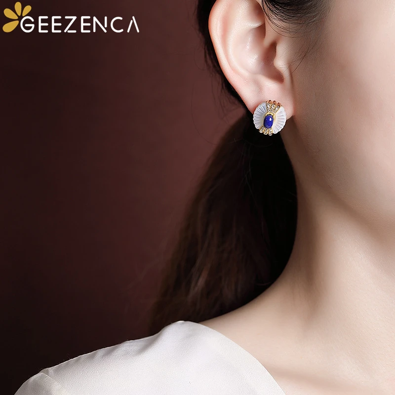 GEEZENCA 925 Silver Lapis Lazuli White Mother of Pearl Earrings For Women Zircon Classic Court Luxury Oval Earring 2023 New Gift
