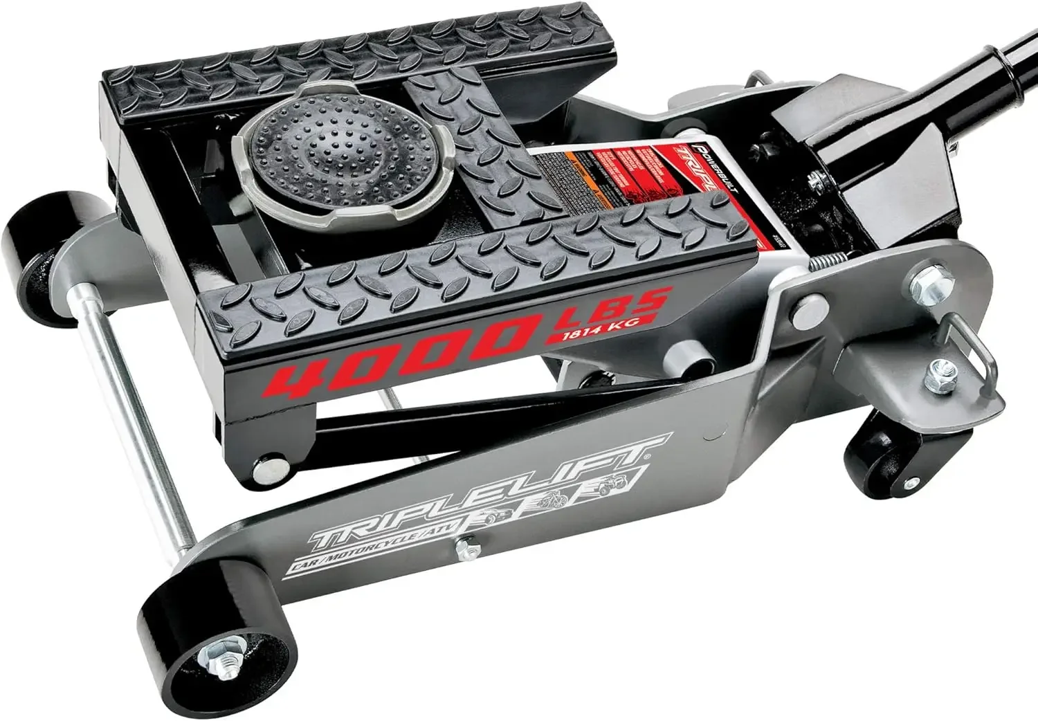

2 Ton Triple Lift Floor Jack, Works on Cars, Trucks, Motorcycles, ATV's, Transmissions, 4-3/4 to 17 in. Range, Wide and Stable,