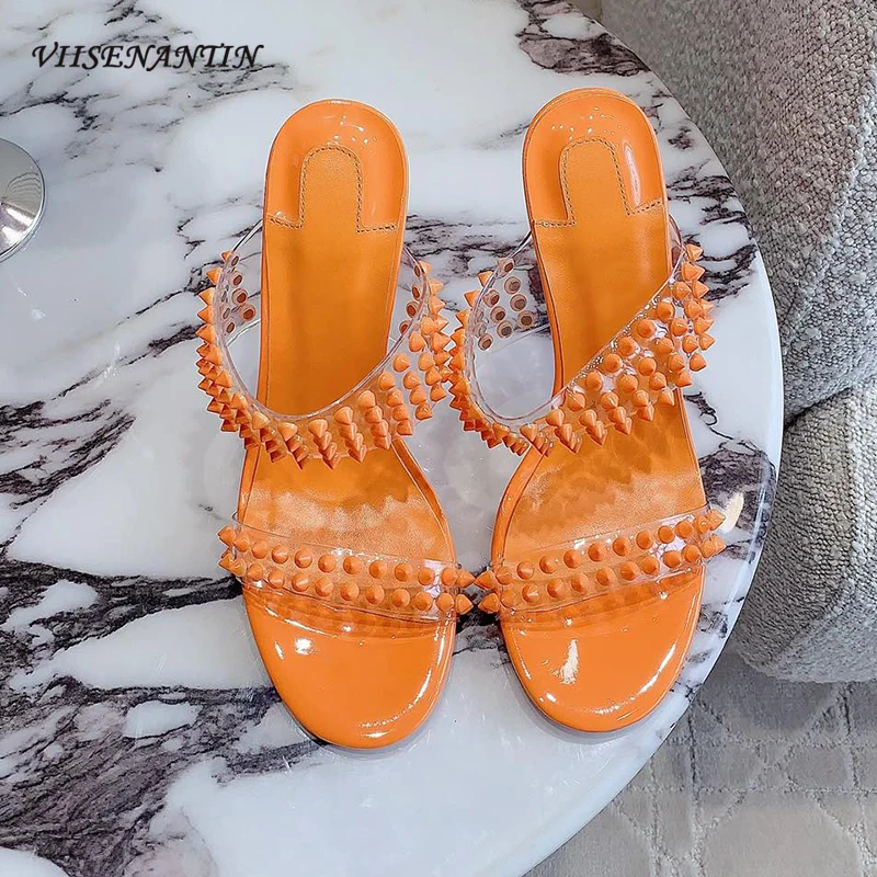 

Full Rivets Stud Transpant PVC Band Women Slippers Open Round Toe Stilettos Heels Sexy Lady Party Shoes Gladiator Slides Sandals