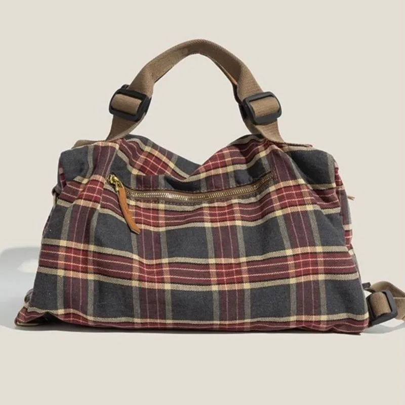 Retro Burgundy Plaid Handbag Women School Style Large Capacity Shoulder Backpack Convertible Bag Ladies Fashion Mochilas Mujer