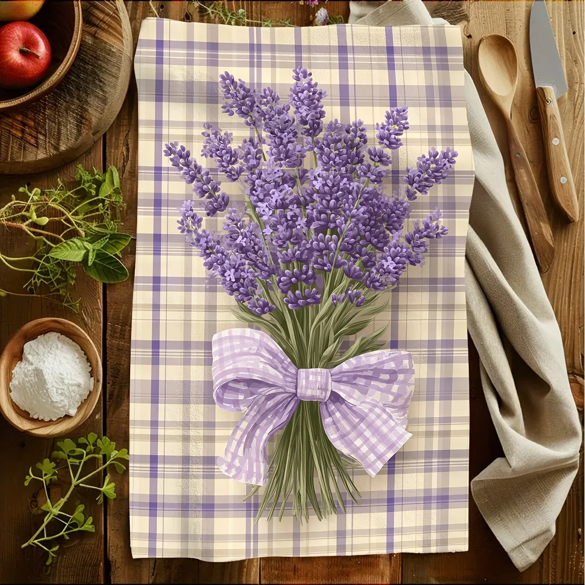 1pc Purple Plaid Lavender Bouquet Printed Scrub Cloth,Soft Absorbent Hand Towel,Perfect for Kitchen, Dining Room, Bathroom, Dorm