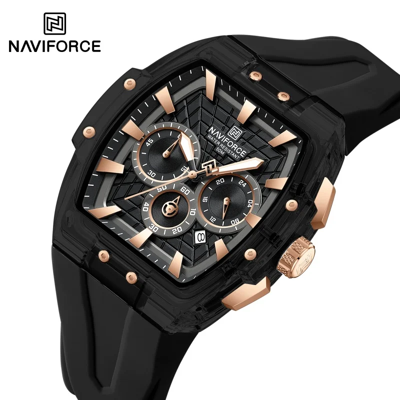 Reloj Cronógrafo Multifuncional NAVIFORCE NF6113 para Hombre, Luminoso, con Calendario, Segundero Continuo, Resistente al Agua, Correa de Silicona
